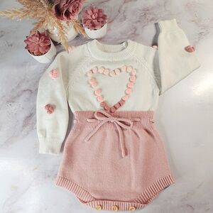 Knit Pink and Cream Baby Girl Romper With Pom Pom Heart, 12-18 Mo